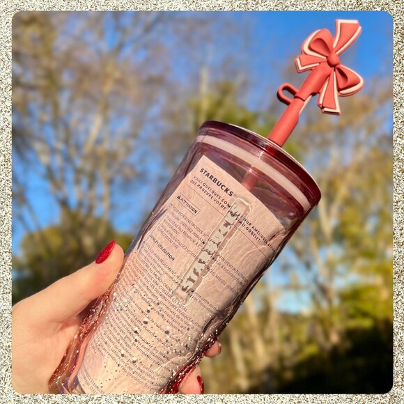 🎄🎀 NWT Starbucks 2025 Holiday Pink/Mauve Speckled Glass Tumbler w/ Bow Topper - Picture 5 of 10